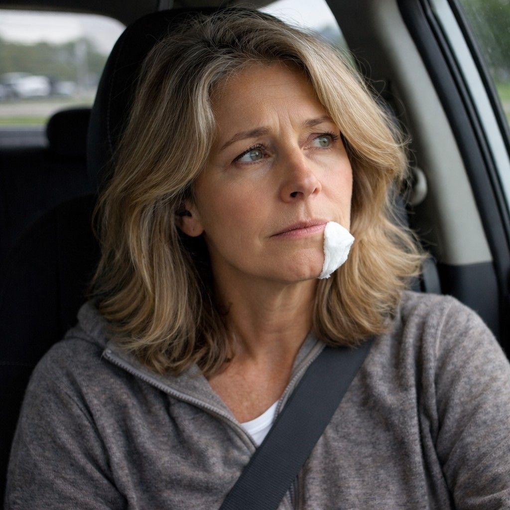 Woman after dentist visit reflecting